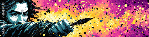 Vibrant Artistic Vector Illustration of Dramatic Man Holding Feather with Colorful Abstract Paint Splatter Background for Creative Concept Graphic Design Inspiration