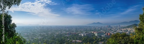 Expansive Metropolis Panoramic View, Lush Greenery, Distant Mountains and Sky