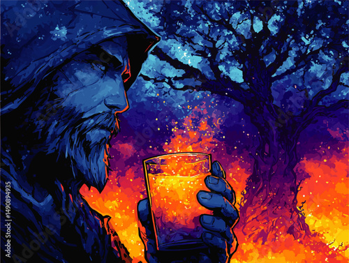 Vector Illustration of Mysterious Hooded Wizard Holding Glowing Magical Drink Near Mystical Fantasy Tree with Colorful Fire and Night Sky Background Art Design