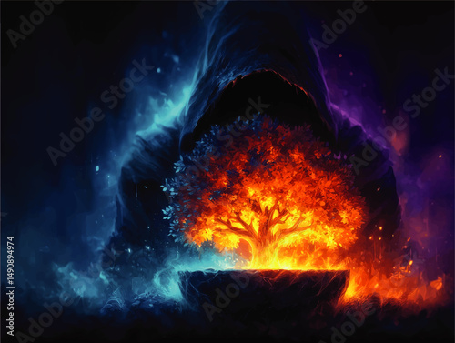 Mystical Vector Art of Hooded Figure Holding Glowing Fantasy Tree of Life with Magical Fire and Ice Effects as Digital Illustration for Gaming or Fantasy Projects