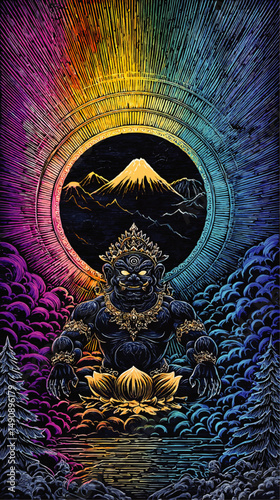 Mystical Vector Illustration of Ancient Deity Meditating in Lotus Position with Gold Ornamentation Mountain and Vibrant Rainbow Background for Spiritual Mindfulness Art