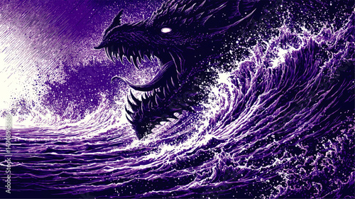 Mystical Purple Ocean Wave with Fierce Dragon Emerging Fantasy Vector Illustration Dramatic Scene Mythical Creature Storm Art Sea Monster Background Epic Design