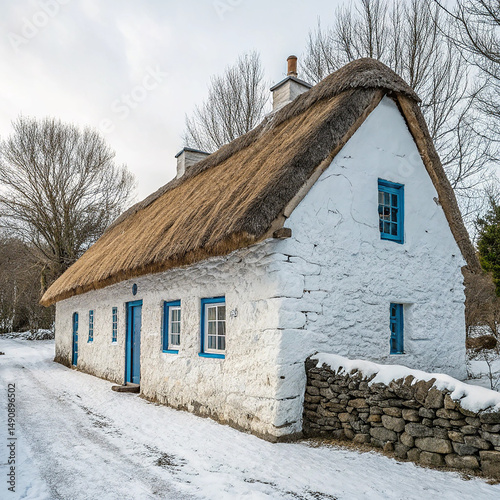 Thatched roof cottage in winter with snow on the ground and blue door and window frames