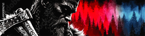 Epic Vector Illustration of Fierce Viking Warrior with Intricate Norse Runes Dramatic Fantasy Forest Background Red and Blue Mystic Nordic Mythology Art Concept Design