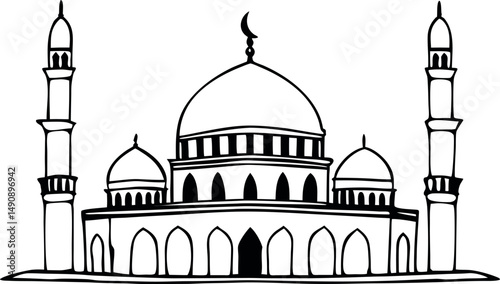 Islamic Mosque Outline Icon - Black and White Vector Illustration