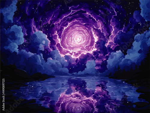 Stunning mystical night sky with vibrant spiral galaxy reflection over serene lake and silhouette forest landscape vector illustration cosmic fantasy background