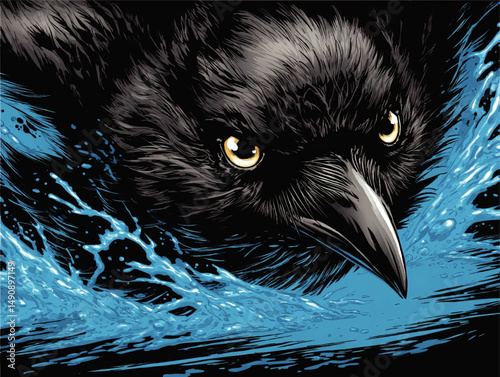 Intense Vector Illustration of a Black Crow with Piercing Yellow Eyes Splashing Through Blue Water Creating Abstract Dynamic Detailed Art Perfect for Graphic Designs
