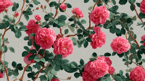 Vibrant Pink Floral Branch With Green Leaves And Blooming Petal Arrangement