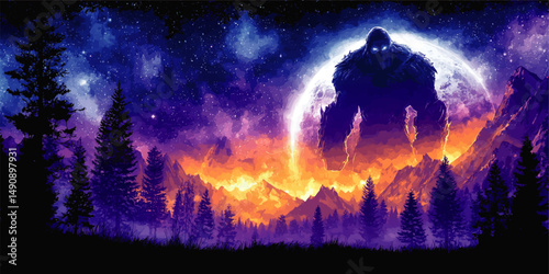 Epic Vector Illustration of Giant Creature Emerging Over Starry Sky and Moonlit Mountains with Fiery Forest Night Scene Creating Fantasy Visual Digital Art Landscape