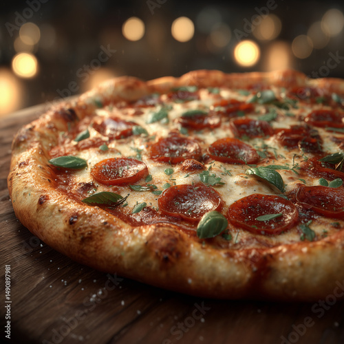 A freshly baked pizza with bubbling mozzarella, pepperoni, and basil