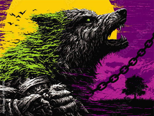 Vector Illustration of Ferocious Werewolf with Green Eyes Chained Under Purple Sky and Yellow Moon Fantasy Halloween Horror Creature Art Graphic Background Design