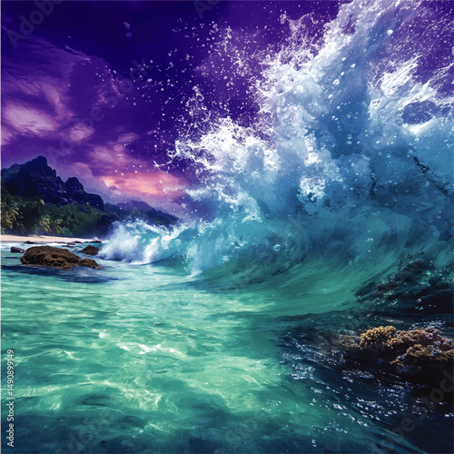 Stunning Vivid Vector Image of Ocean Wave Splashing on Tropical Beach at Sunset with Purple Sky Crystal Clear Turquoise Water and Majestic Mountain Background Scene