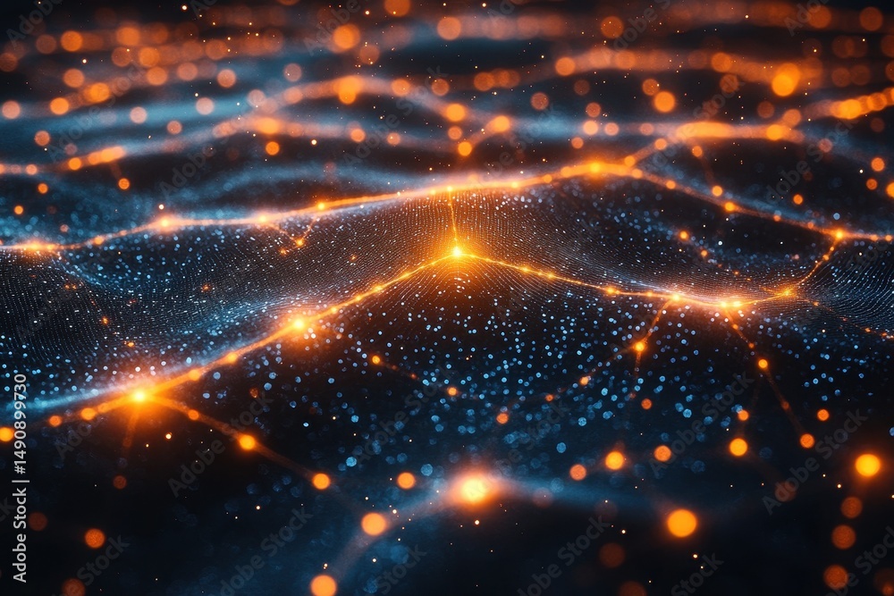 Fototapeta premium Glowing abstract patterns of blue and orange light creating a mesmerizing digital landscape in a dark environment