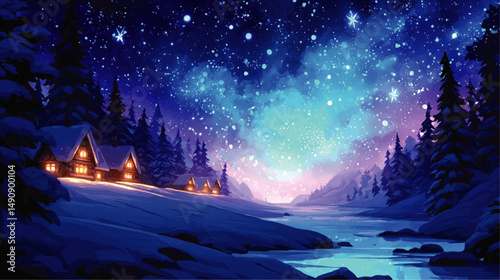 Enchanting Winter Night Vector Illustration with Cozy Snowy Cabins Illuminated beneath Starry Sky Pine Forest Sparkling River Scenic Nature Digital Background Design