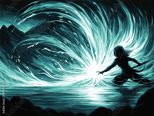 Vector Illustration of Magical Warrior Performing Water Elemental Spell in Mystic Fantasy Landscape with Silhouette Mountains Glowing with Blue Mystical Energy