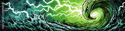 Epic Vector Illustration of Ocean Storm Wave with Eagle Head Shaped Crest Surreal Dark Nature Thunderstorm Lightning Dramatic Waves Creative Abstract Conceptual Art