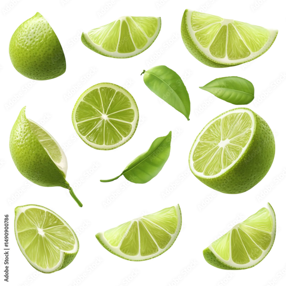 Limes slices and leaves on vibrant multicolored background Limes slices and leaves on vibrant multicolored background