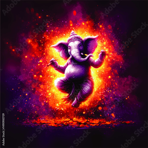 Vibrant Digital Vector Illustration of Ganesha Floating in Mystical Purple Space with Fiery Orange Glow and Sparkles Spiritual Hindu God Symbol of Wisdom and Prosperity