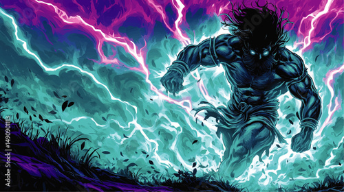 Epic Mythical Warrior Charging into Battle Vector Illustration with Glowing Eyes Strong Muscles Dynamic Lightning Background Fantasy Action Scene Digital Artwork