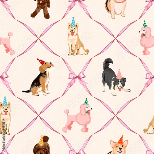 Photography Seamless pattern of hand drawn illustration of dogs, pets, wearing party hats, c