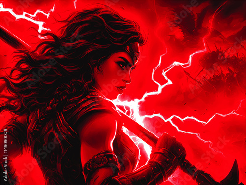 Fantasy Warrior Woman with Battle Axe Vector Illustration with Stormy Red Sky Lightning Mythical Battle Scene Fierce Female Fighter Digital Art Graphic Background