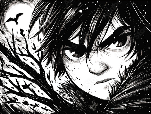 Intense vector illustration of mysterious young boy with fierce expression in dark fantasy setting with moon silhouette crow branches black white anime manga style