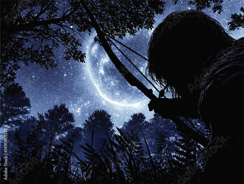 Stunning Vector Illustration of Archer Silhouette Aiming Bow Under Magical Night Sky with Crescent Moon and Starry Background Deep in Mysterious Forest Landscape