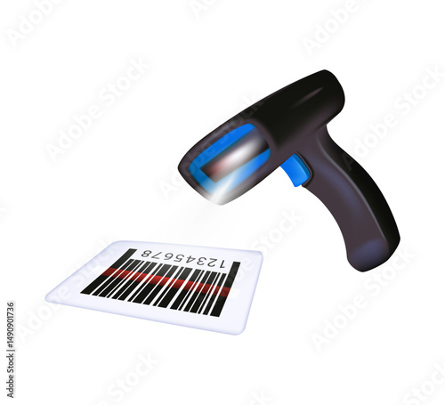Barcode scanning modern vector illustration. 3D render reader laser scanner for warehouse. Retail label barcode scan isolated on white background. Warehouse inventory management