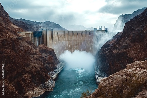 Hoover dam releasing water on a cloudy day