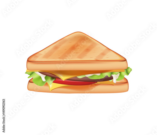 Triangle Sandwich Icon Vector Design. Sandwich with fresh lettuce, tomato, ham, and cheese. Tasty hot food, restaurant, salami, prosciutto and fresh vegetables. Club sandwich concept. Vector 3D render