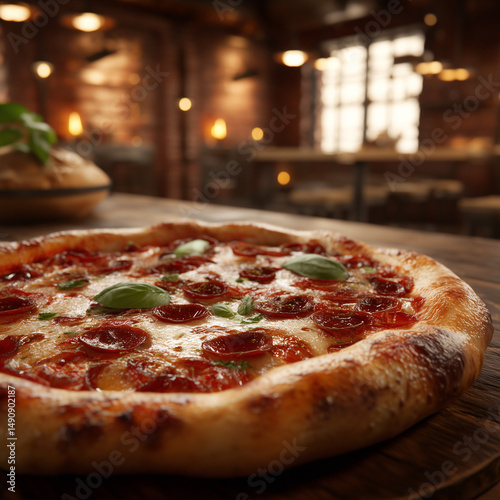 A freshly baked pizza with bubbling mozzarella, pepperoni, and basil