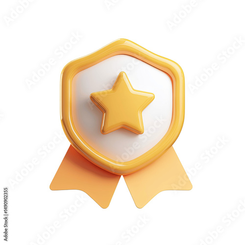 3D Render of a Gold Star Shield Badge with Ribbon