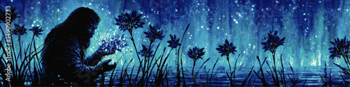 Enchanting Magical Blue Vector Illustration Featuring Mystical Silhouette of Lonely Figure Surrounded by Glowing Flowers Sparkling Water Fantasy Magic Scene Background