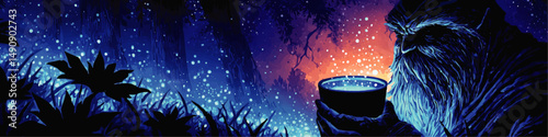 Mystical Fantasy Vector Illustration of Wise Elder Wizard Holding Magical Glowing Potion in Enchanted Nighttime Forest with Luminous Blue and Orange Colored Background
