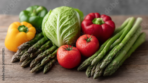 A close-up photograph showcasing a vibrant and fresh assortment of vegetables, including colorful bell peppers, cabbage, tomatoes with water droplets, and asparagus spears