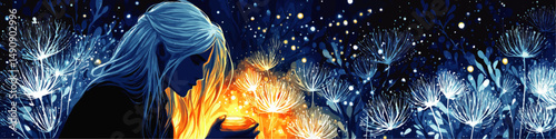 Enchanting Vector Illustration of Magical Fantasy Woman Holding Glowing Light Surrounded by Mystical Blue Flowers and Delicate Ethereal Nature Illuminated at Night