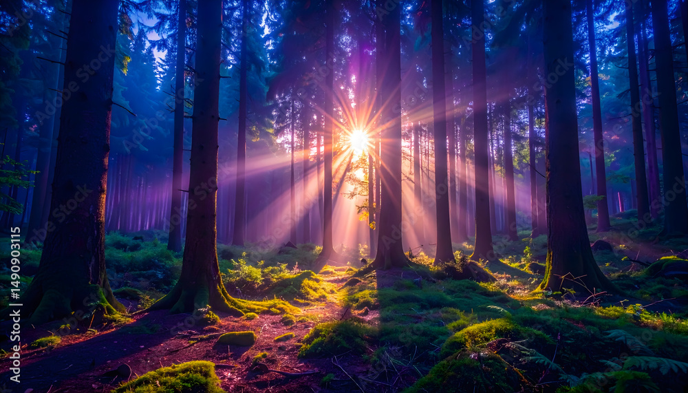 Fototapeta premium Lush Green Forest with Sunbeams – Realistic Environmental Concept