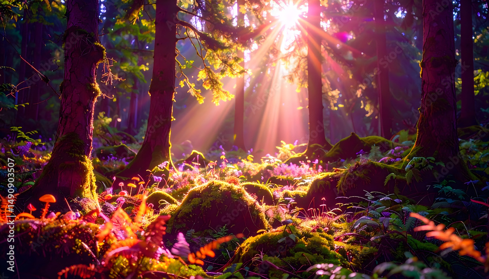 Fototapeta premium Lush Green Forest with Sunbeams – Realistic Environmental Concept