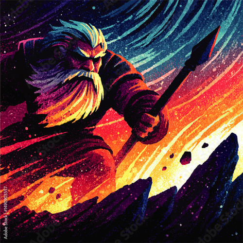 Dynamic Vector Illustration of Powerful Warrior Holding Spear with Epic Beard and Fierce Expression in Bold Colors Depicting Strength Battle Heroism and Determination
