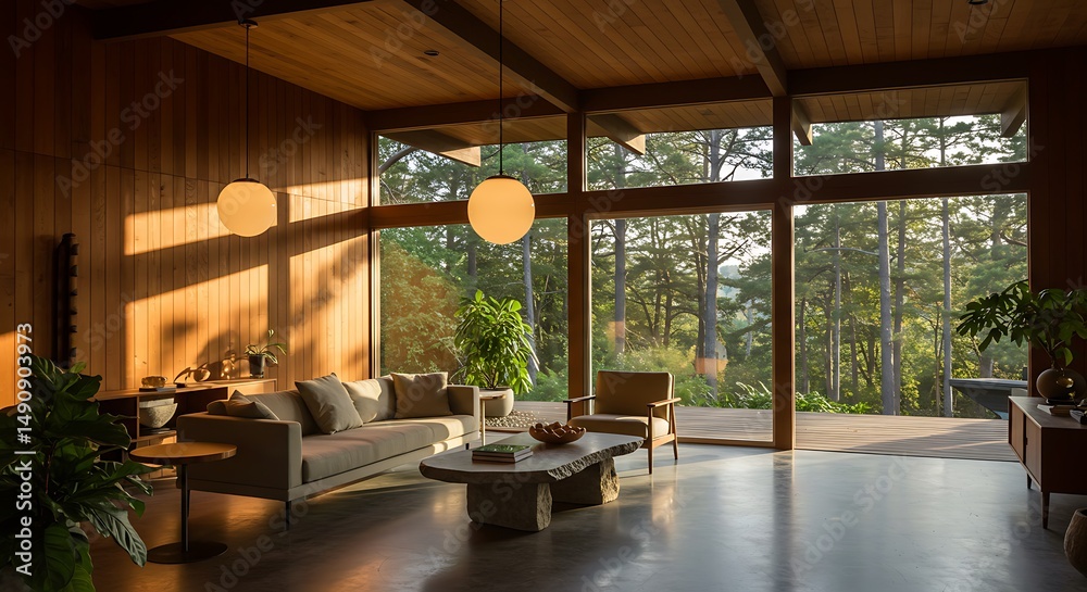 Fototapeta premium Modern wooden interior with expansive forest views.