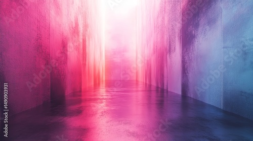 Colorful neon corridor with reflected light.