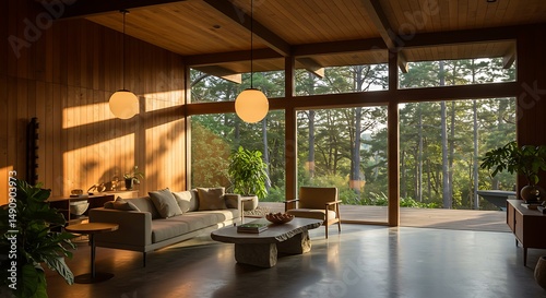 Modern wooden interior with expansive forest views. photo
