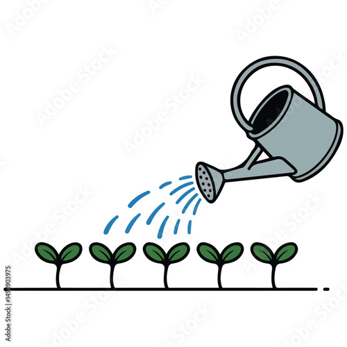 Watering can nurturing plants isolated vector illustration