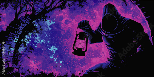 Mystical Dark Hooded Figure Holding Lantern in Night Forest Fantasy Scene with Galaxy Colors Mystery Magical Illustration Background for Creative Design and Inspiration