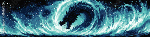 Mystical Fantasy Dragon Illustration in Ocean Wave Vector Graphic Featuring Majestic Sea Creature in Vibrant Blue Water with Powerful Magic Concept for Epic Artwork
