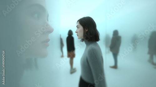 Wandering through a broken mirror maze revealing surreal reflections of emotions in a dreamlike journey