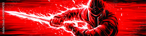 Dynamic Vector Illustration of Powerful Warrior in Dark Armor Swinging Flaming Sword with Intense Red Background Ideal for Gaming Fantasy and Action Design Concepts