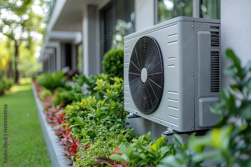 Air conditioning unit mounted outside a modern building surrounded by greenery Air conditioning unit mounted outside a modern building surrounded by greenery