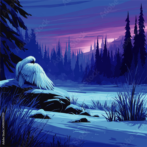 Stunning Winter Landscape Illustration Featuring Majestic White Eagle perched on Snow Covered Rock overlooking Misty Frozen Lake Surrounded by Dense Pine Forest at Dusk