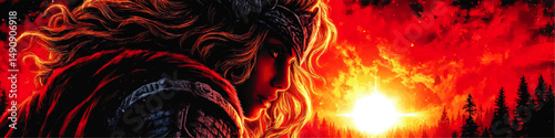 Epic Fantasy Warrior Woman with Fierce Armor and Flowing Hair Standing Before Fiery Red Sky Sunset Landscape with Sunrise Silhouette Forest and Intense Vivid Colors Art